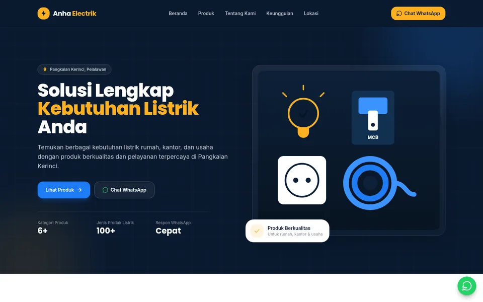 Tampilan website Anha Electrik