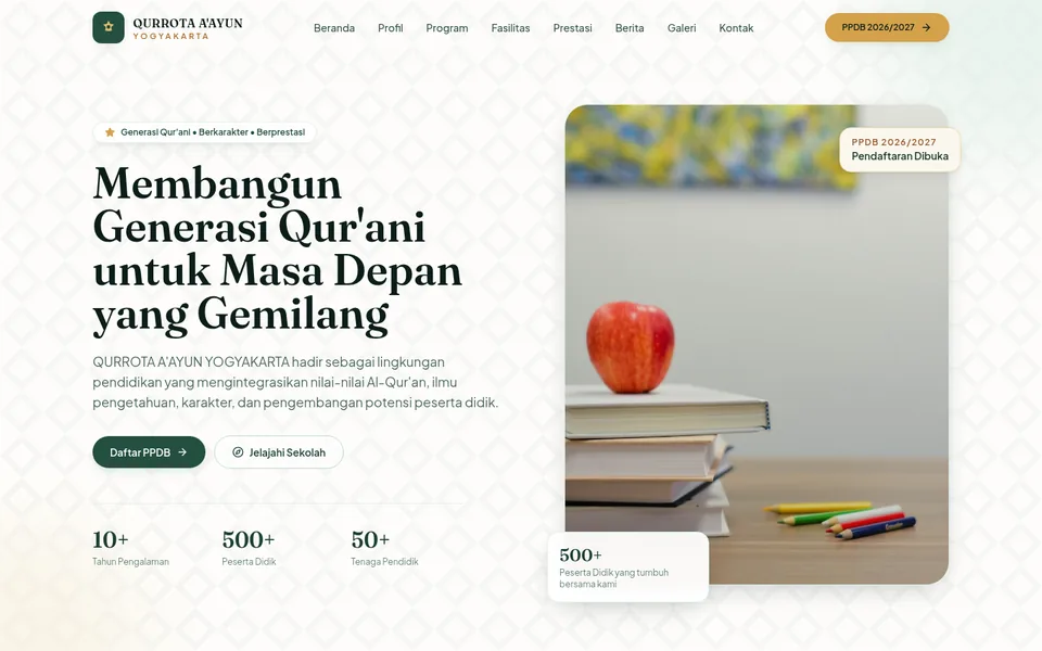 Tampilan website Qurrota A'ayun Yogyakarta